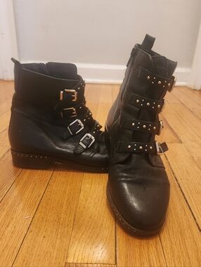 Dune London Black Leather Buckle & Stud Ankle Boots